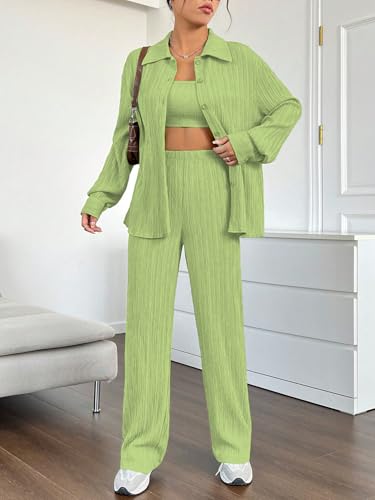 Image of Shasmi Women's 3-Piece Co-ord Set - Solid Button Front Shirt, Strapless Tube Top & Wide Leg Pants | Casual Loose Fit Western Outfit for Daily Spring /Fall Wear (Co-Ord-208)