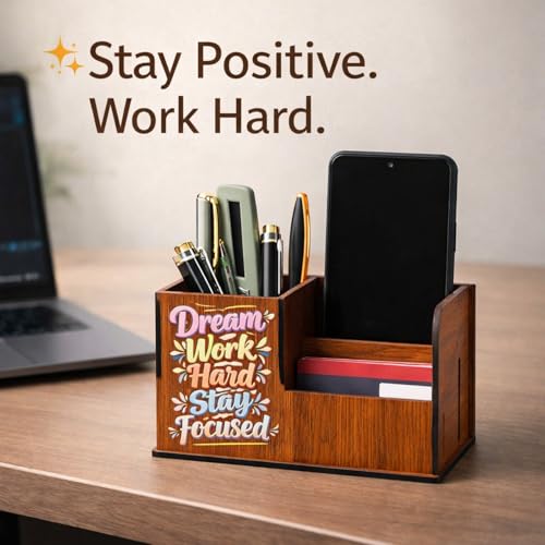 Image of Handcrafted Wooden Pen Holder & Mobile Stand | Desk Organizer for Office, Home & Study Table | Pen Pencil Stand with Card Holder (6.75x3.75x2.5 Inch) (Dream Work Hard Stay Focused)