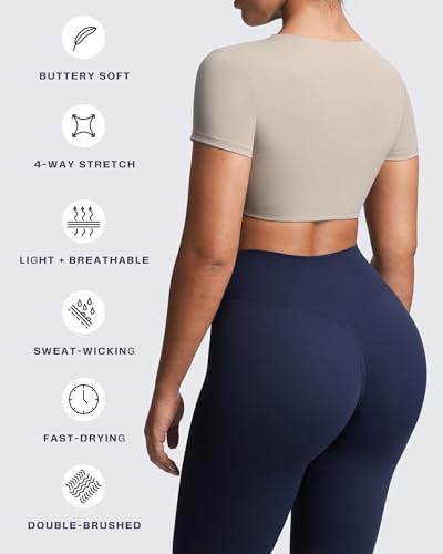 Image of Aoxjox Short Sleeve Crop Tops for Women Sienna Twist Deep V Workout Cropped T Shirt Top