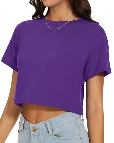Image of Womens Summer Crop Tops Short Sleeve Round Neck T-Shirts Loose Fit Casual Blouse 2026