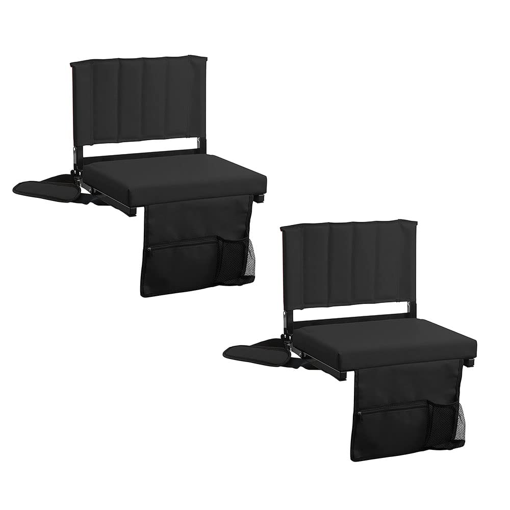 Amazing for less Stadium Seat for Bleachers with Padded Cushion Foldable Stadium Seat Chairs with Back Support, Shoulder Strap, Built-in Cup Holder (Black, 2-Chairs)