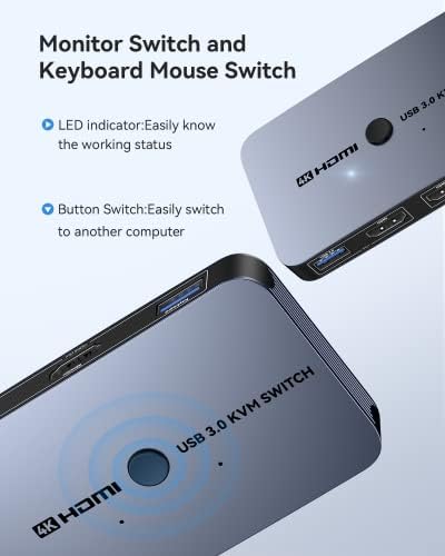 KVM Switch, ABLEWE HDMI&USB 4K@60Hz KVM Siwtcher for 2 Computers Share Keyboard, Mouse, Monitor-with 2 HDMI Cables & 2 USB Cables