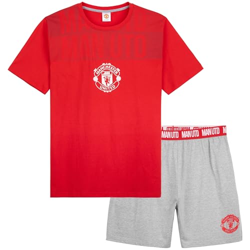 Manchester United F.C. Mens Pyjamas Set Short PJs Lounge Set Comfy Sleepwear Breathable Nightwear Football Gifts for Men (Red/Grey, 3XL)