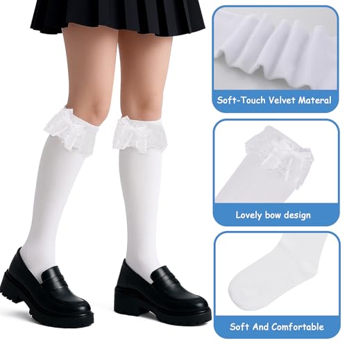 Lace Knee High Socks Cute White Knee High Socks For Women Girl with Lace Ruffle Trim and Bow-knot Soft Princess Loli Sock for Loli Clothing Accessories3