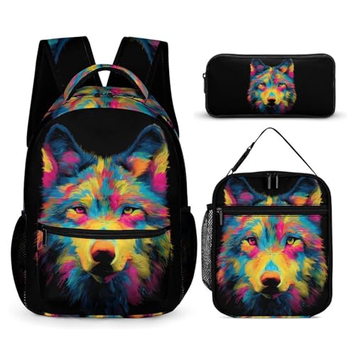 Colorful Wolf Printed Backpack with Lunch Box Bag Pencil Case Pouch 3pcs Daypack Set for Women Men