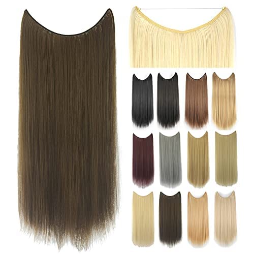 IMISSU Extensiones de cabello largas y rectas postizo de línea de pescado tocado de alambre secreto Invisible sintético pieza de cabello con tapa para mujer (22 Pulgadas,Marrón sólido) Cover