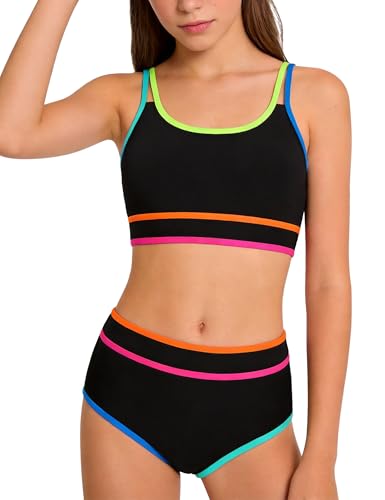 Svreeyer Bikinis for Teens Girl Bathing Suit Double Strap Colorbloc Two Piece Swimsuits Beach Swimwear Sets with Cover Up Skirt Black 13-14 Years