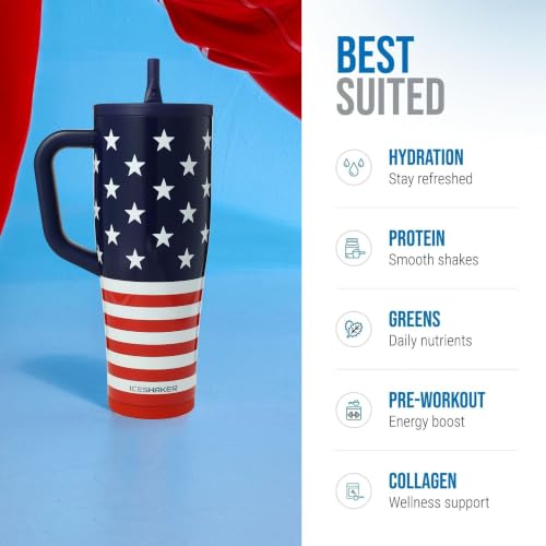 Image of Ice Shaker 32 oz Tumbler with Handle and Straw | 32oz Stars & Stripes | Cold for 30+ Hours | 2-in-1 Tumbler Shaker Bottle | Odor-Free 32 ounce Bottle for Water, Protein Shakes, Smoothies, Cocktails