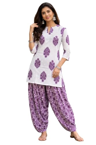Image of Women's Cotton Floral Print Kurta Patiala Pant Set, White and Purple Traditional Indian Ethnic Wear with Damask Pattern