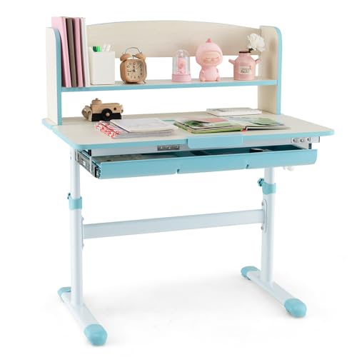 Costzon Kids Desk, Height Adjustable Children Study Desk with Tilt Desktop, Storage Drawer, Hutch, Scale Ruler, Student Writing Table School Desk for Boys Girls Bedroom, Desk for Kids (Blue)