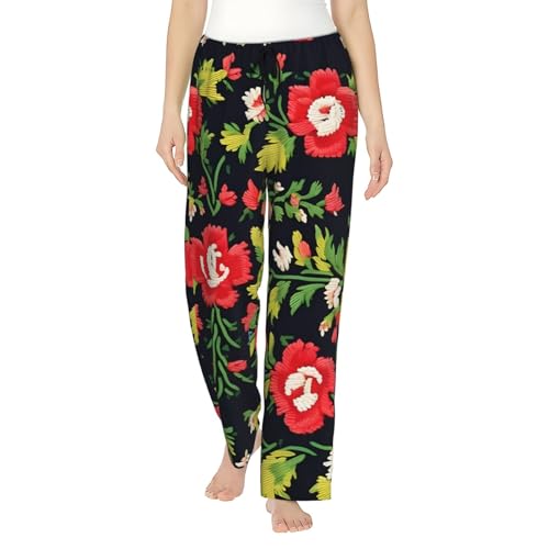 Pantalon de pyjama en polyester rose pour femmes ample avec poches