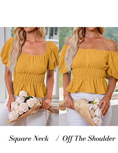 Luvamia Womens Casual Puff Sleeve Off The Shoulder Blouse Holiday Shirts For Women Sexy Crop Top For Women Puffy Sleeve Shirts For Women Golden Glow Size Large Fits Size 12 / Size 14 #TOP1