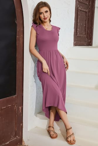 AUSELILY Damen Sommer Kurzarm Rundhalsausschnitt Maxikleid Lässiges Langes Kleid mit TaschenKleid Hochzeitsgast(Mauve,S) 3