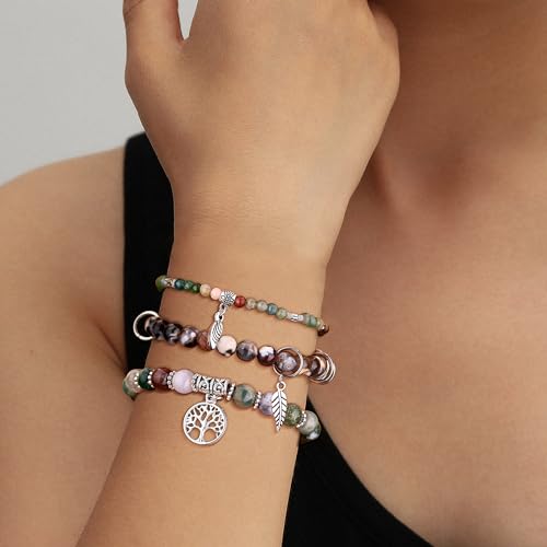 Dochais 3 Stück Boho Armbänder Damen, Yoga Armband Damen Chakra, Verstellbares Bohemian Armband, Boho Schmuck Bracelet, Rosenquarz Turmalin Edelstein Armband Set Für Damen (3 Stück, Stil 4)