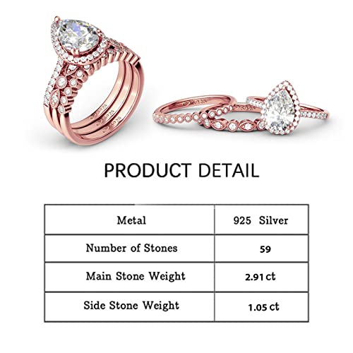 Jeulia Pear Shaped Wedding Ring Set: 3PC Halo Pear Cut Sterling Silver Diamond Bridal Set Rose Gold Anniversary Promise Wedding Band with Jewelry Gift Box2
