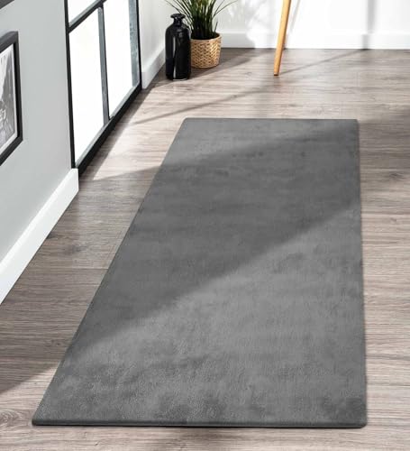 Image of Obsessions Polyester Bedside Runner with Solid Pattern Felt Backing, Ideal for Bedroom & Living Room 60x150cm, Grey