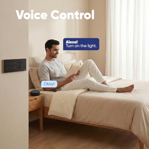 Image of AZIOT Smart Premium Toughened Glass Touch Switch Panel | Elevate 8 Module (6 Switch + Fan + Socket) | WiFi + BLE | No Hub Required | Compatible with Alexa, Google Assistant & Siri | Black