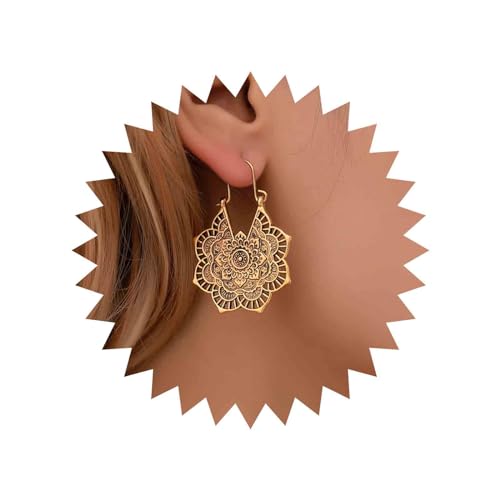 Boho Mandala Flower Earrings Gold Drop Dangle Earrings Retro Tribal Dangle Earrings Statement Nightclub Prom Ethnic Hoop Earrings Jewelry for Women and Girls(Gold)