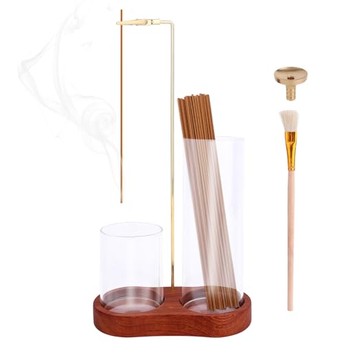 3 in 1 Glass Incense Holder, Upside Down Incense Stick Holder with Enlarged Aroma Storage Cup Ash Tray Brush & Cone Stand for Meditation Yoga Spa & Home Decor