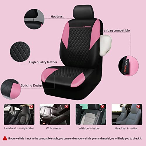 Image of CAR PASS Pink Leather Seat Covers,Girly Quilting Pretty Cute Car Seat Cover with 5mm Composite Sponge Inside,Airbag Compatible, Universal Fit for Most Sedan,SUV,Vans(Full Set,Pink)