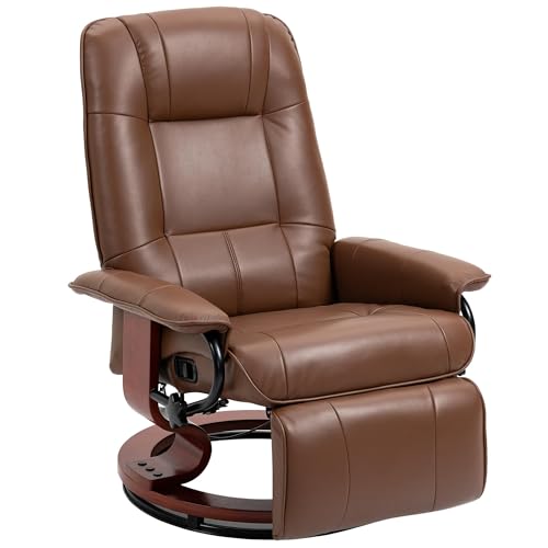 HOMCOM Swivel Recliner Chair, PU Leather Reclining Armchair with Retractable Footrest, Lounge Chair with Wood Base and Adjustable High Back for Small Spaces, Living Room, RV, Bedroom, Brown