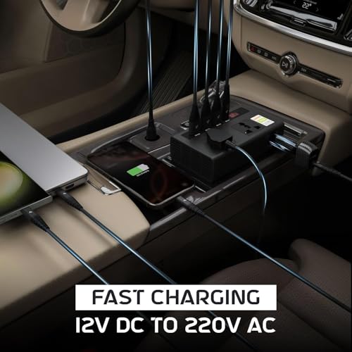 Image of 200W Car Power Inverter, Car Laptop Charger with 2 AC Outlets (220V), 3 USB-A & 1 USB-C PD 18W Fast Charging Ports, 12V DC to 220V AC Adapter for Laptops, Phones & Tablets - Black Body