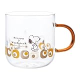 「 PEANUTS (ピーナッツ) 」 スヌーピー & ウッドストック 耐熱ガラス マグカップ 約400ml 電子レンジ対応 カラーハンドル ブラウン キューブ 日本製 608141