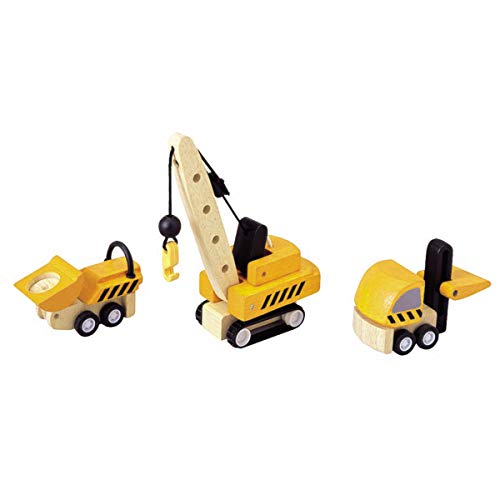 Image of PlanToys 3 Piece Road Construction Vehicle Set (6087) | Sustainably Made from Rubberwood and Non-Toxic Paints and Dyes