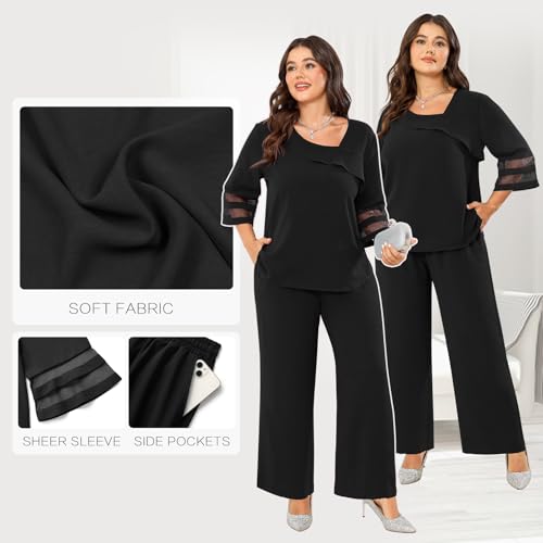 AOVDE Plus Size Pant Suits 2 Piece Casual Dressy Pantsuits Mesh Panel Bell Sleeve Outfits for Women Evening Dinner Party4