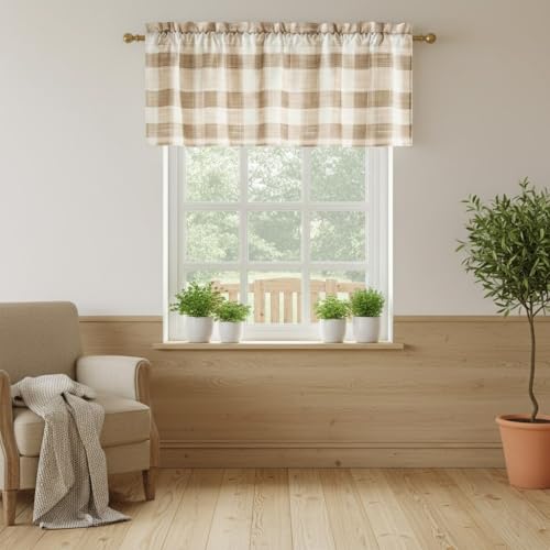 NICETOWN Linen Buffalo Plaid Valance for Windows, 52x18 Inch Long Farmhouse French Country Rod Pocket Light Filtering Small Valance for Living Room Be