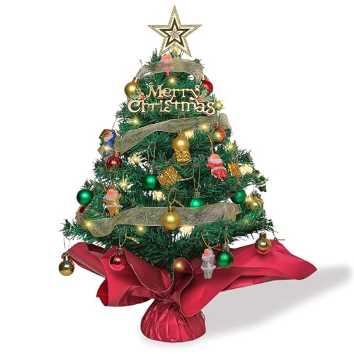 24inch/2ft Tabletop Christmas Tree, Green Mini Artificial Christmas Tree, Small Xmas Tree with Lights, Gift Box and Ball Ornaments for Holiday Indoor DIY Christmas Decoration Gifts