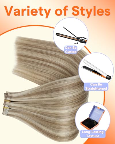 Image of Full Shine Invisible Seamless Clip in Hair Extensions, Blonde Highlights
