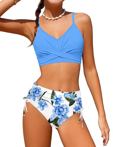 Image of Teen Girls Swimsuits V-Neck Bikini Set Bathing Suits Cross Straps Two Piece Swimwear with Drawstring