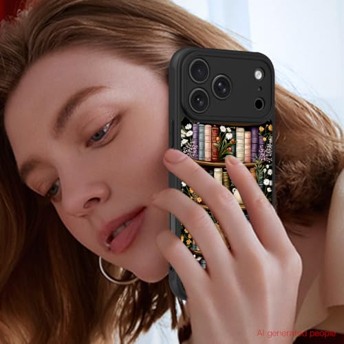 Image of KANGHAR Case for iPhone 17 Pro Max Bookshelf Floral Black | [Compatible with for Magsafe] Cute Vintage Flowers Protective Magnetic Case for Girls Women