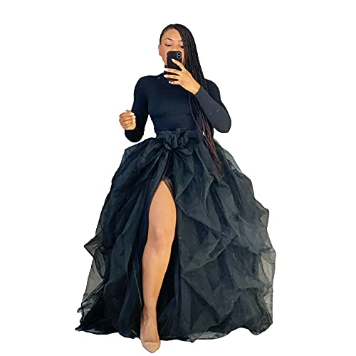 Women Long Tulle Tutu Skirt Layered A-Line Puff Mesh Skirt Split Skirt for Wedding Party Ruffle Princess Skirt