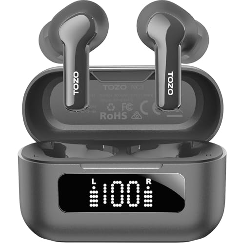 TOZO Hybrid Active Noise Cancelling Wireless Earbuds with 6 Mics AI Clear Call Ear Buds 55H Playtime with LED Display 32 Preset EQs via APP Bluetooth 5.3 IPX8 Waterproof in Ear Headphones