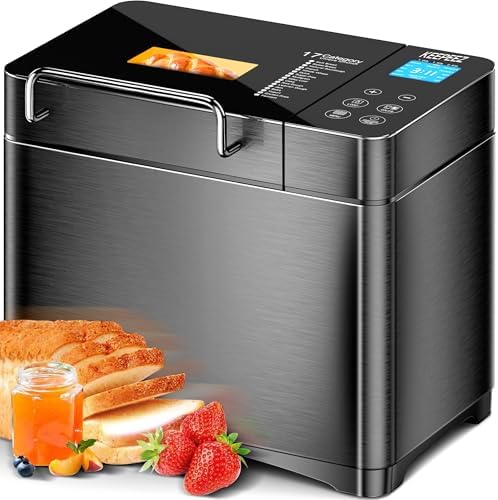 Pro Stainless Steel Bread Maker, 2LB 17-in-1 Automatic Bread Maker Machine UK with Ceramic Pan, Nut Dispenser, Glass Touch Panel, 3 Loaf Sizes 3 Crust Colors, 15H Timer, 1H Keep-Warm,Low-Noise