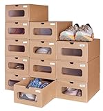 12 Pack Shoe Storage Bins, Waterproof Storage Boxes, Shoe Containers For Sneaker Display, Hat Organizer, Stack-able Cardboard Boxes, with Marking Labels, Transparent Window(13.2'' x 8.3'' x 5.1'')
