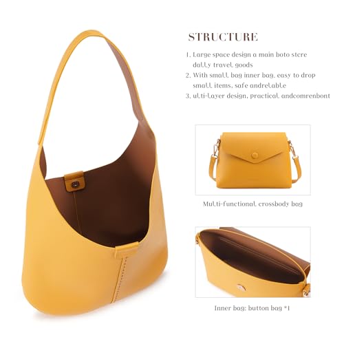Image of HKCLUF Hobo Bags Purses for Women 2PCS /Set,Soft Vegan Leather Slouchy Shoulder Hobo Handbags with Small Crossbody Bags for Women(yellow)