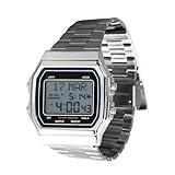 lvifloae Montre numérique Musulmane Levoflox pour Hommes, Bracelet en Acier Inoxydable, boîtier Multifonction, boîtier argenté, Montre de prière et de Rappel pour Hommes