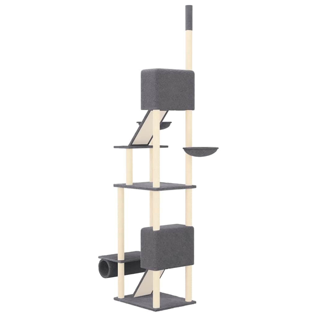 Kratzbaum Deckenhoch 277-303 cm - Großer Katzenturm Dunkelgrau mit 2 Häusern, 2 Hängematten, Tunnel, Leitern und Sisalstämmen - Kletterbaum aus Holzwerkstoff und Plüsch
