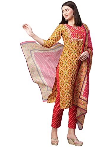 Kurta imprimé jaune pour femme, ensemble trois pièces en coton S