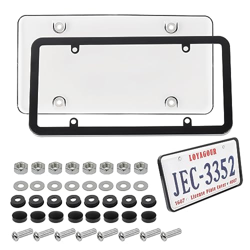 LoyaGour 2Pack License Plate Cover and Frames,Clear Front and Rear License Plate Holder Shield,Unbreakable Car Licence Plate Frame Protector fits Any Standard US Plates with Screws & Caps(Clear)