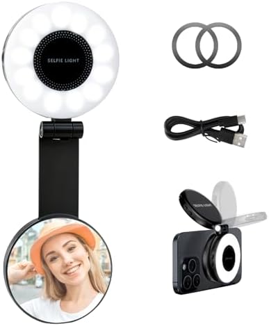 Magnetic Selfie Light for iPhone with Mirror Foldable Magnetic Fill Light with Sticky Ring for Android Rechargeable Portable Phone Ring Lights for Selfies, Video, Makeup, Vlog, Tiktok, CRI95