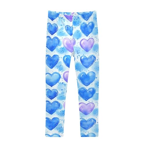 Watercolor Blue Heart Girls Leggings Ultra Soft Compression Yoga Gym Pants for Kids 4-10T