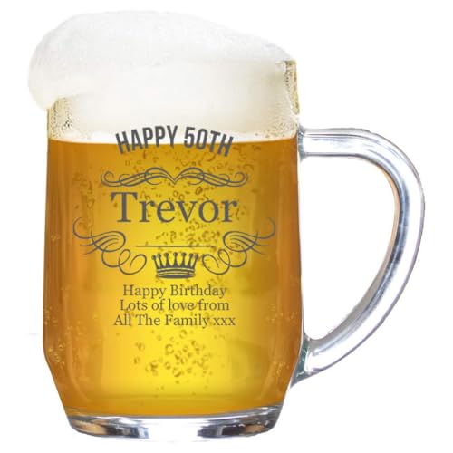 Personalised Birthday Tankard Glass Stein Engraved 1 Pint Beer Tanker Men Handle Wreath Crown Gift Box 590 ml