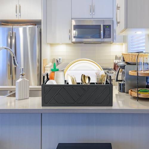 Paper Plate Dispenser and Holder for Kitchen Counter, Wood Rustic Silverware Utensil Caddy, Cutlery Flatware Organizer Box for Cups Spoons Forks Napkins, Kitchen Accessories (Black)