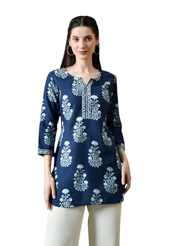 Image of Amazon Brand - Tavasya Women Floral Printed Round Neck Pure Cotton Regular Fit Kurti | Everyday & Office Wear Kurta | Modern Ethnic Top