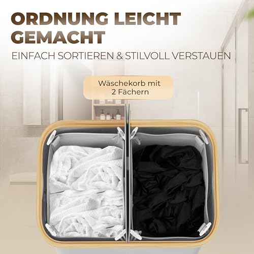 Wäschekorb 100L mit 2 Deckeln und 2 Fächern – Faltbarer Wäschesammler aus Bambus-Stoff Hellgrau – Wäschebox, Wäschetruhe, Wäschebehälter, Wäschetrenner für Bad, Schlafzimmer & Waschküche