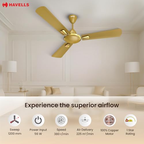 Image of Havells Quickair 1200mm Ceiling Fan, High-Speed, Energy Efficient & Silent Operation with Modern Design, Ideal for Bedrooms | 2 Years Manufacturer Warranty | Desert Gold